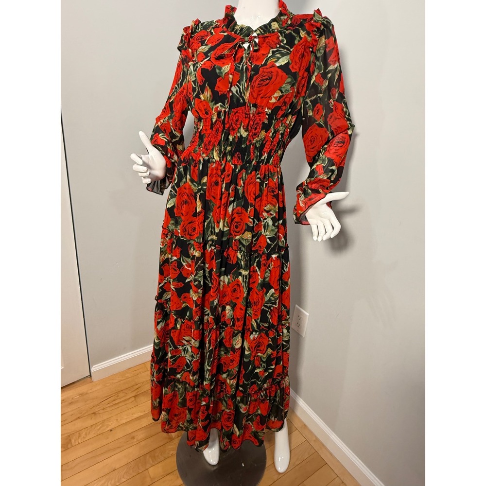 Tuleen Red Rose Floral Maxi Dress Smocked Waist Long Sleeve Boho XL - Picture 9 of 10